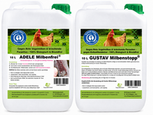 Lade das Bild in den Galerie-Viewer, SET - Adele Milbenfrei® 10 Liter Konzentrat – ergibt 70 Liter gebrauchsfertige Anwenderlösung  2,41 € Liter &amp; Gustav Milbenstopp® 10 Liter gebrauchsfertig
