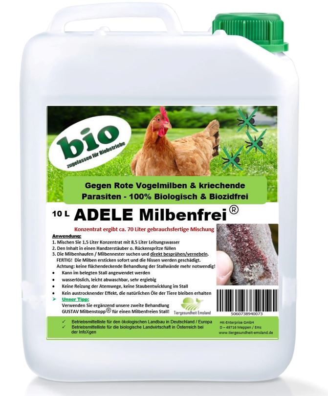 Adele Milbenfrei 10 Liter, Konzentrat –  ergeben ca. 70 liter / für Gewerbliche Tierhaltung